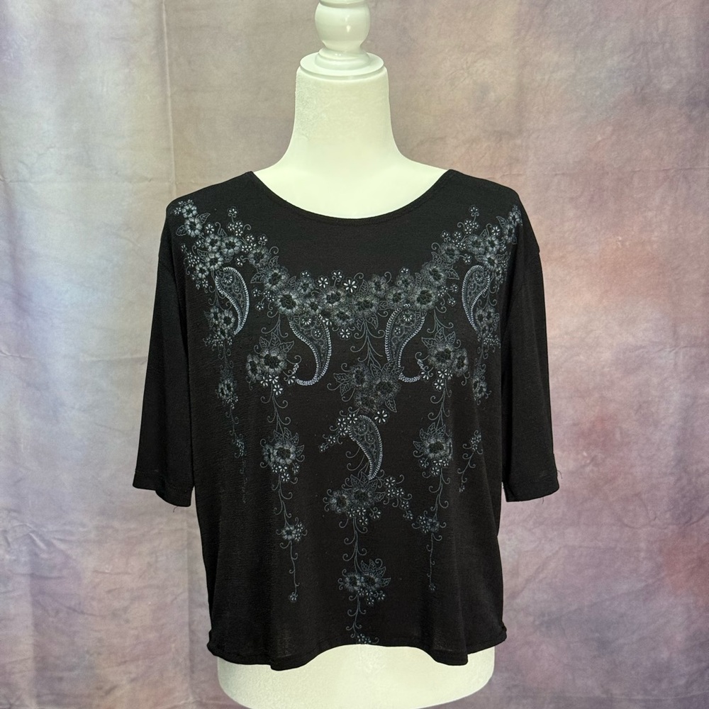 Orange USA Black Top with Blue Floral Paisley Embroidery